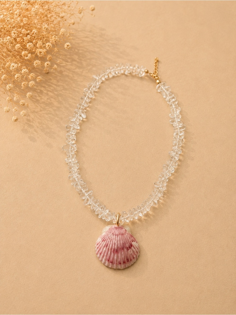 Crystal Bead Necklace with Pink Shell Pendant